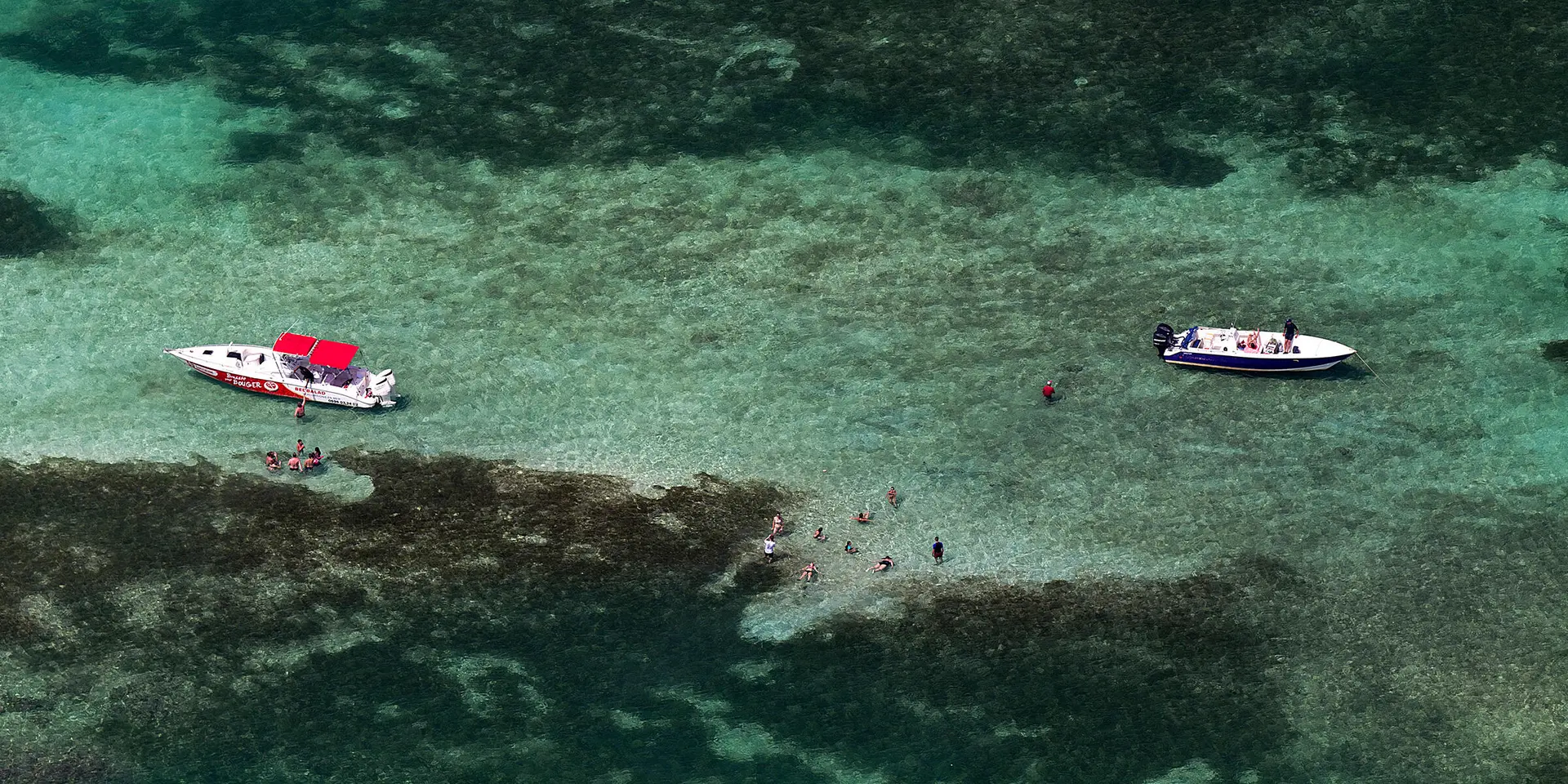 View from above of two boats and people in the water.