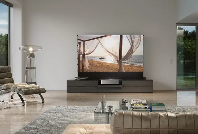 Leica Cine 1 projection in living room showing the sea.