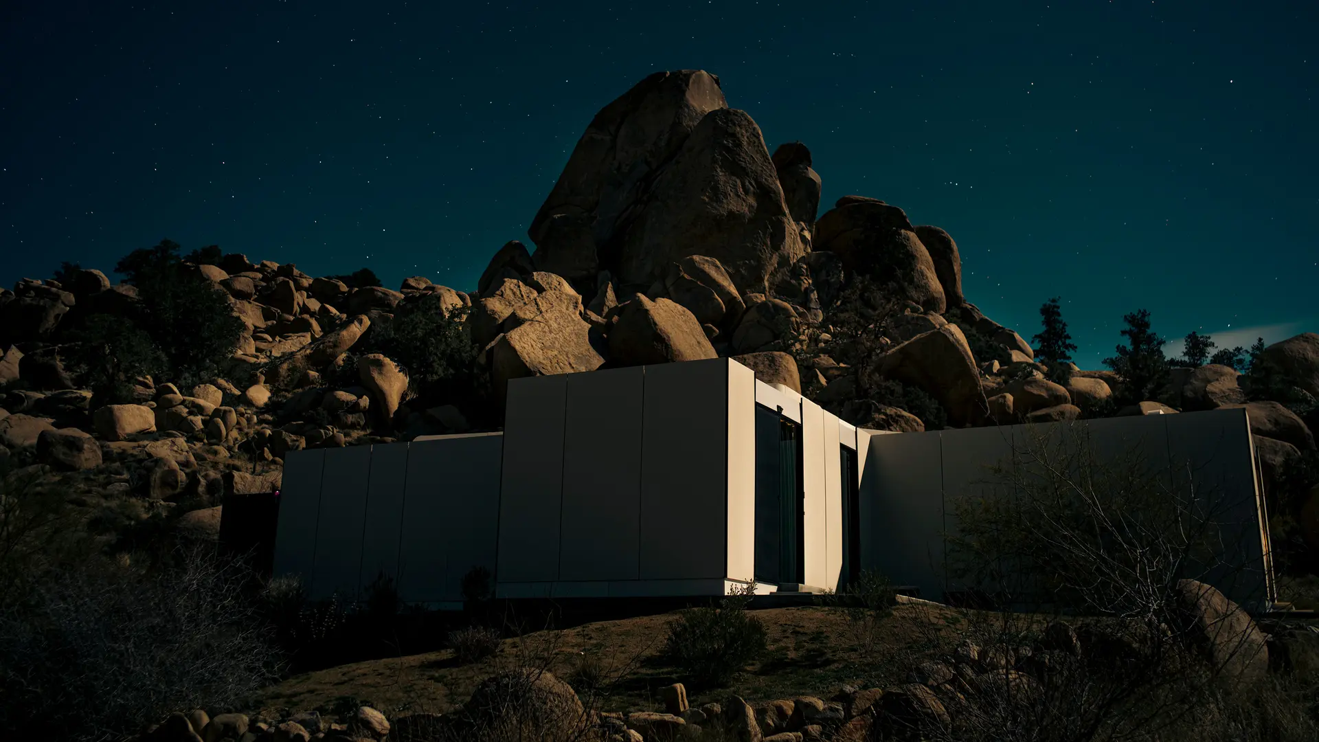 Architectural building in the rocks in the evening sun.