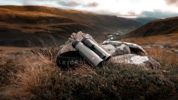 The Leica Noctivid leans against a medium-sized stone, while a picturesque, almost stormy landscape stretches out in the background.