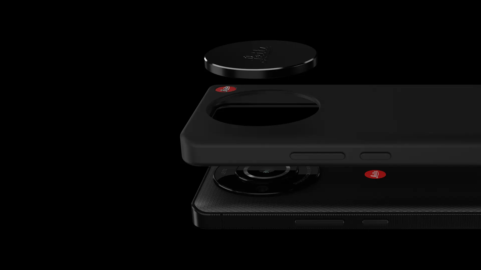 Components of the Leitz smartphone, such as the device and camera case, float above each other.