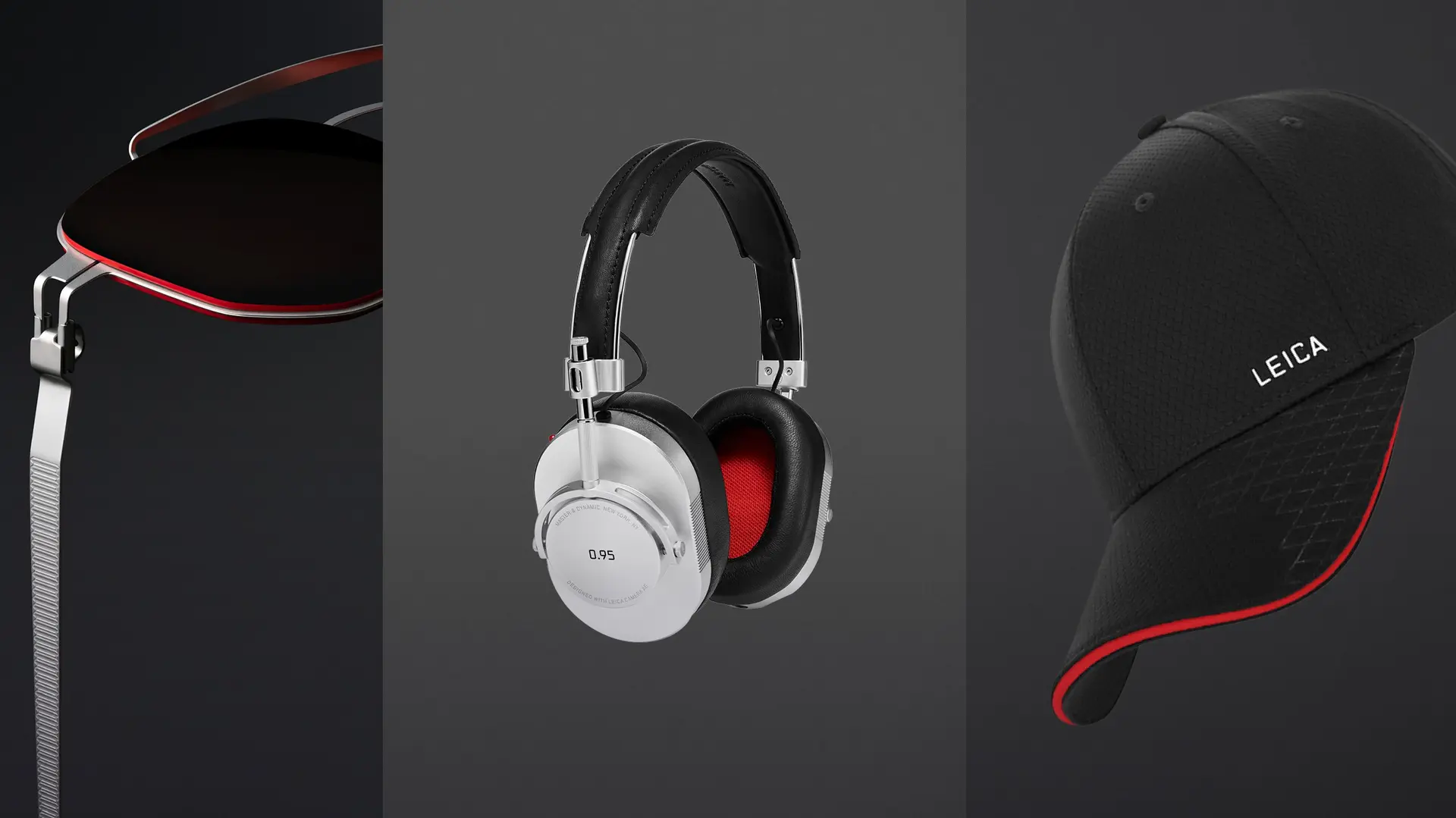 Four-part image showing headphones, a Leica cap, a camera strap and part of a pair of sunglasses.