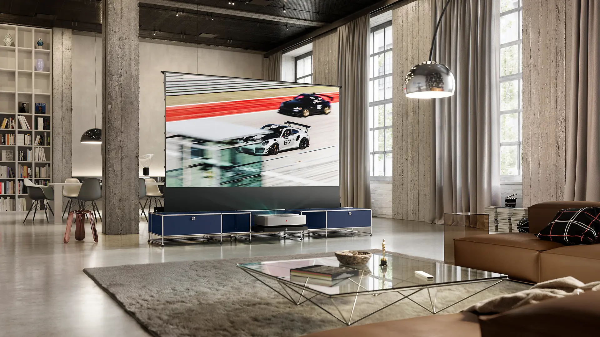 Leica Cine 1 on TV Board projecting a film on the screen. 