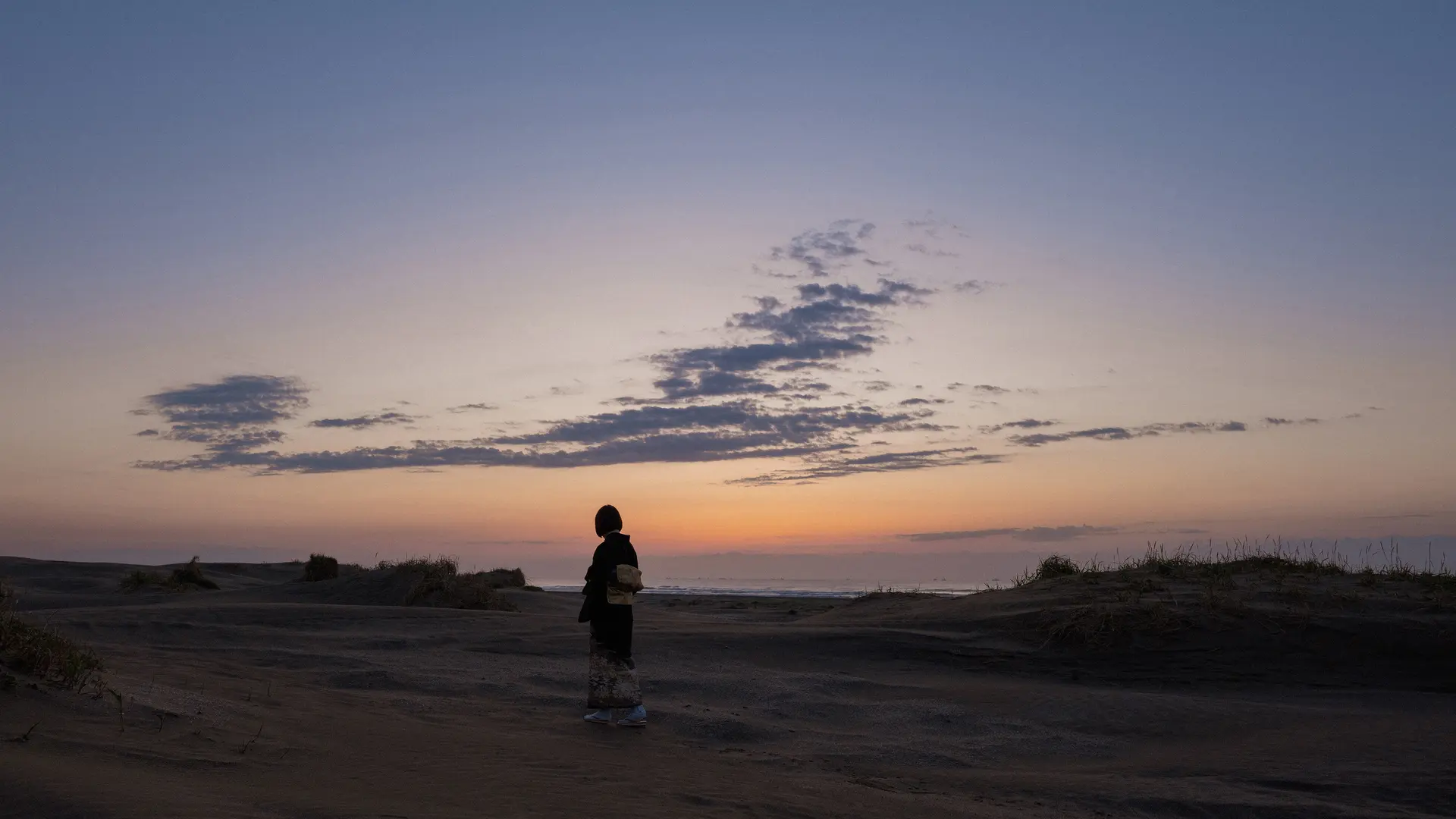 Woman standing on the beach at sunset