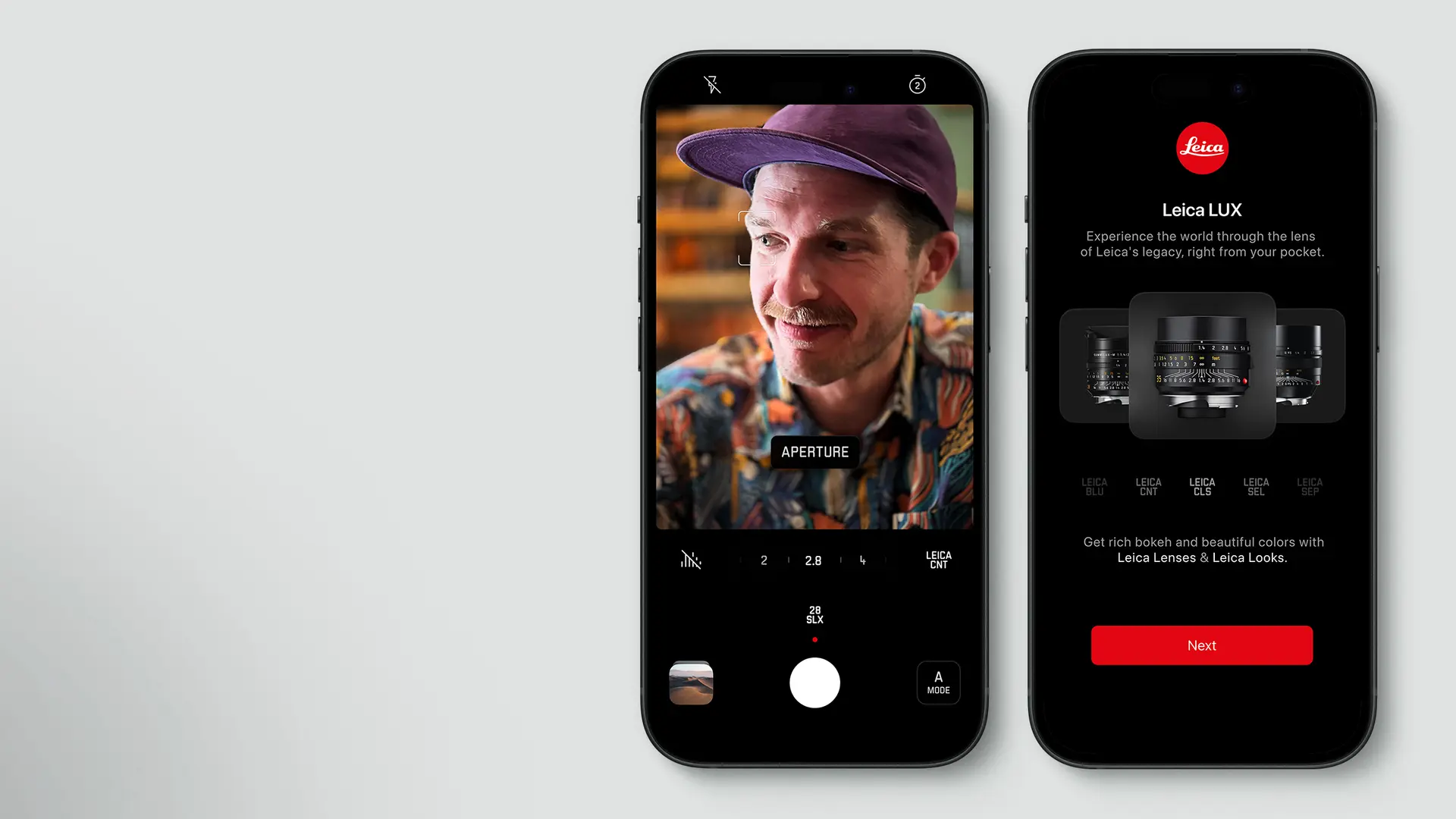 An iPhone displaying a preview of the Leica Lux app on its screen