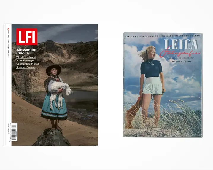 Two LFI magazine covers: on the left, an indigenous woman holding a baby alpaca in front of a lake and mountains from 2024; on the right, a woman on the beach from 1949.